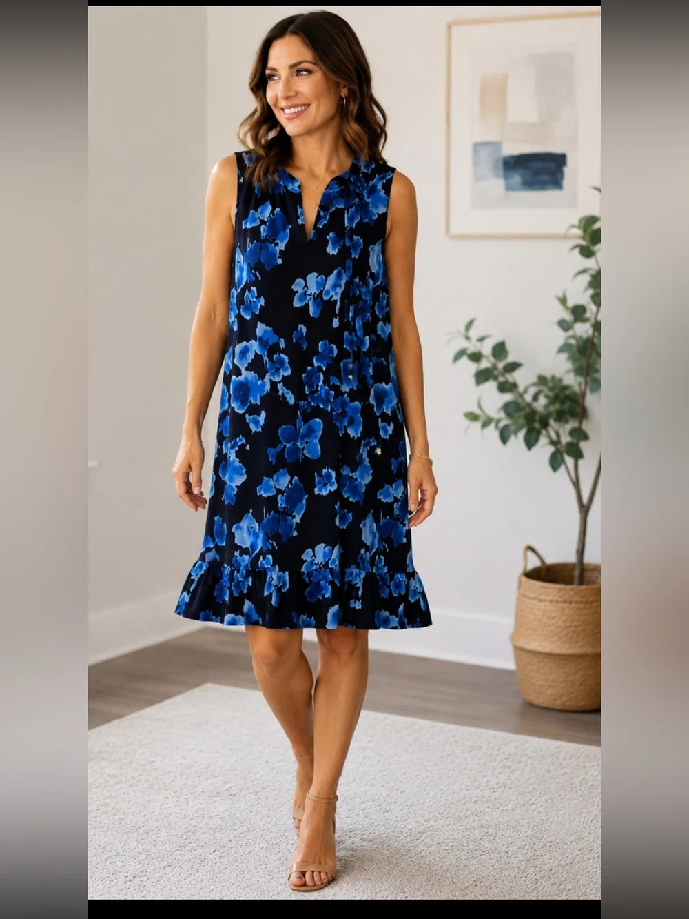 Michael Kors Blue Floral Sleeveless Shift Dress Ruffle Hem Tie Neck Size M - Picture 1 of 9